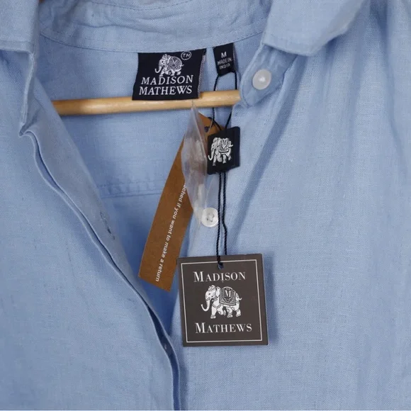 Madison Mathews 100% Linen Light Blue Maxi Shirt Dress with Tie Medium NWT - Picture 6 of 11